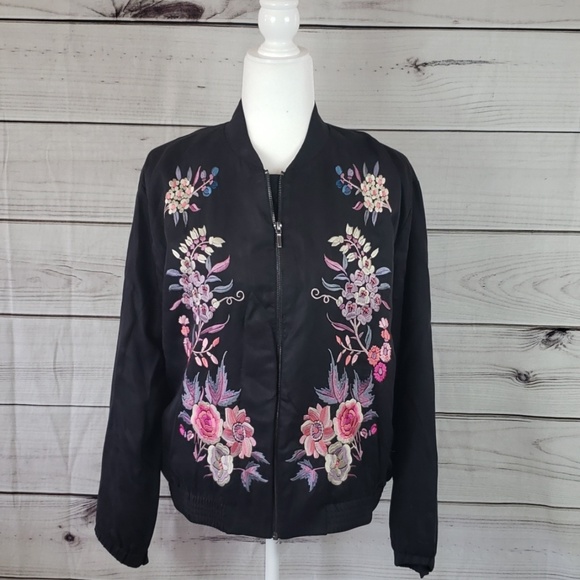 a. moss• L jacket bomber embroidered floral zip up black - Picture 1 of 7